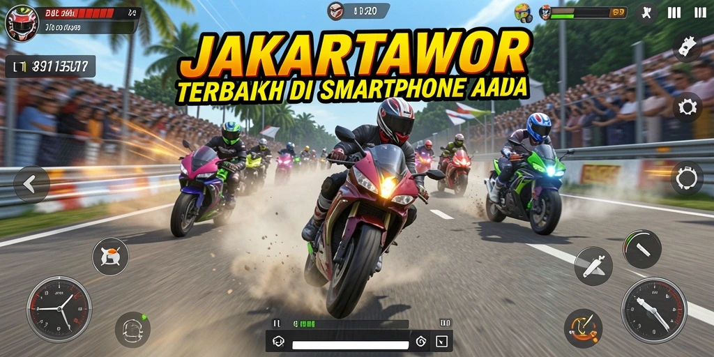 Screenshot JAKARTAWIN menampilkan aksi balapan motor yang mendebarkan.