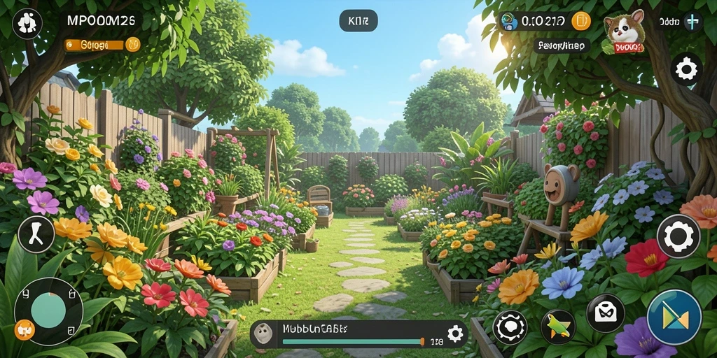 Gameplay MPO2121 yang menampilkan kebun ternak yang indah.