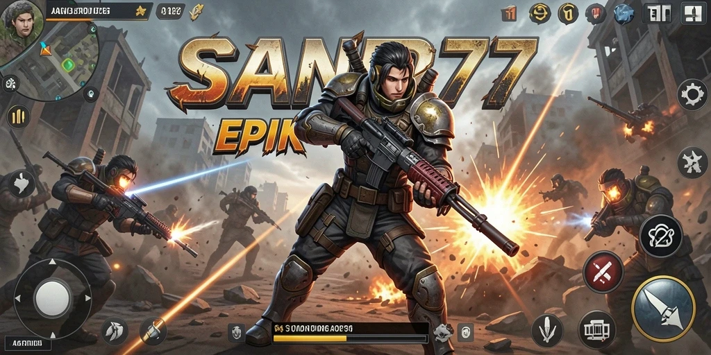 Screenshot utama SAND77 menampilkan aksi pertempuran yang seru dan mendebarkan.