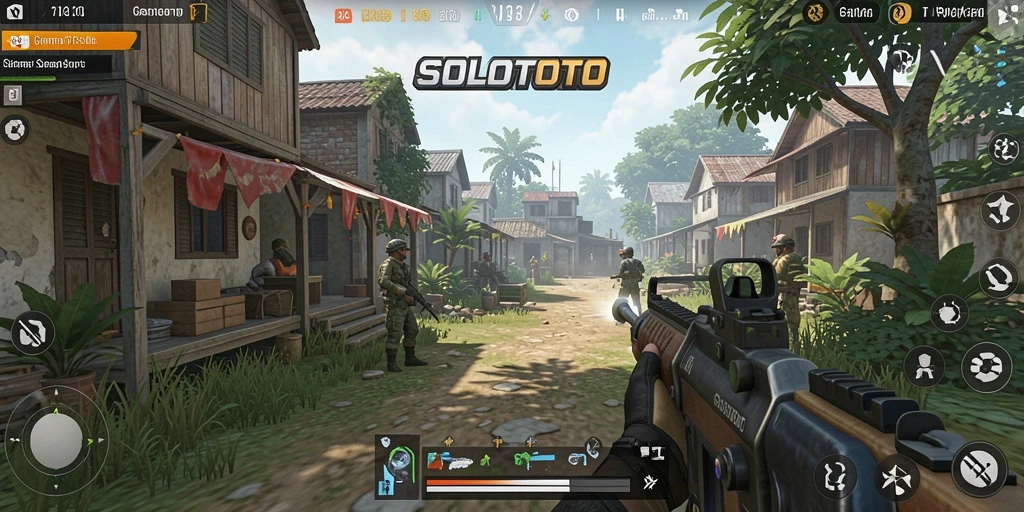 Tampilan gameplay seru dalam SOLOTOTO dengan aksi tembak-menembak intens.