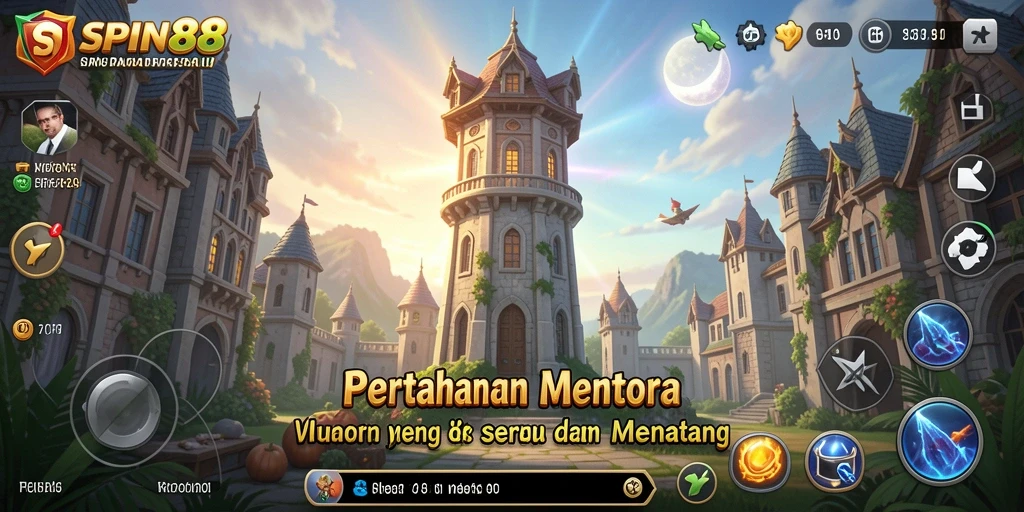 Tampilan gameplay SPIN88 dengan menara pertahanan yang strategis.