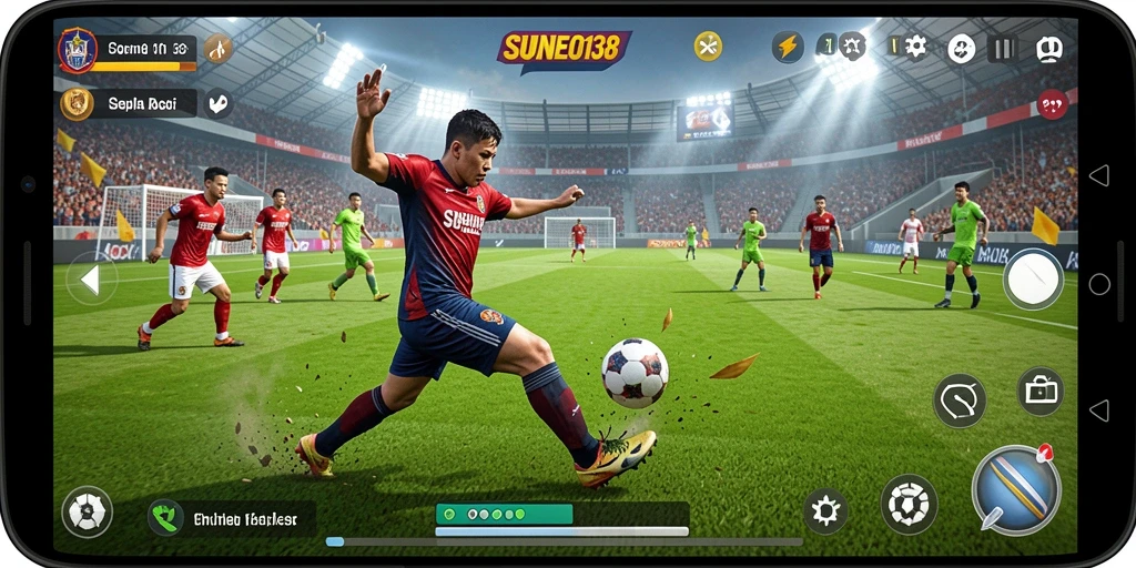 Tampilan gameplay yang mendebarkan di SUNEO138 dengan aksi sepak bola intens.