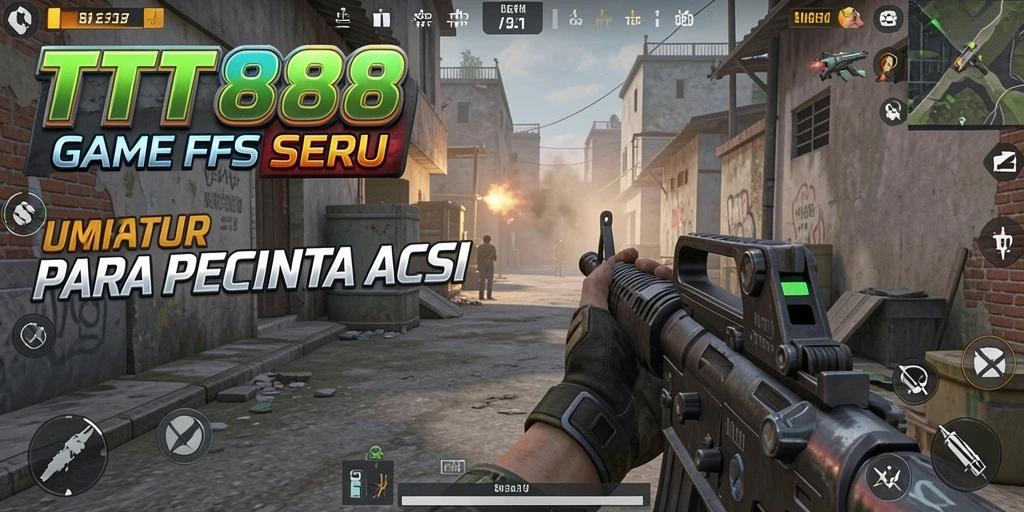 Screenshot utama TTT888 menunjukkan aksi pertempuran FPS yang intens.