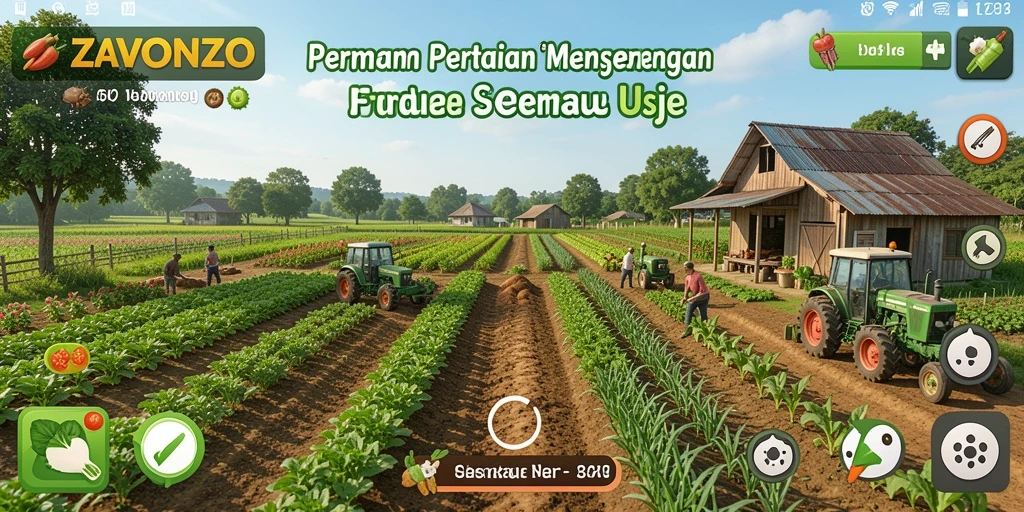 Tangkapan layar gameplay ZAVONZO dengan ladang yang indah dan beragam tanaman.